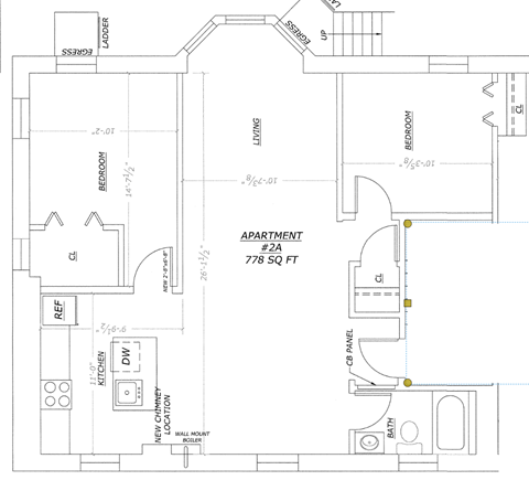 Floor plan for 2 beds, 1 bath, 740 sqft